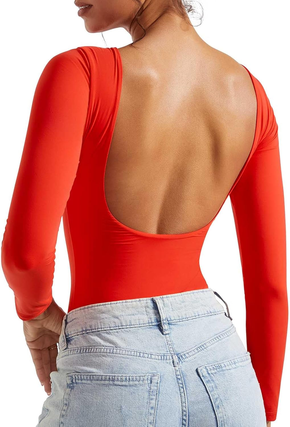 SUUKSESS Women Backless Y2K Long Sleeve Bodysuit Double Lined Open Back Sexy Basic Top