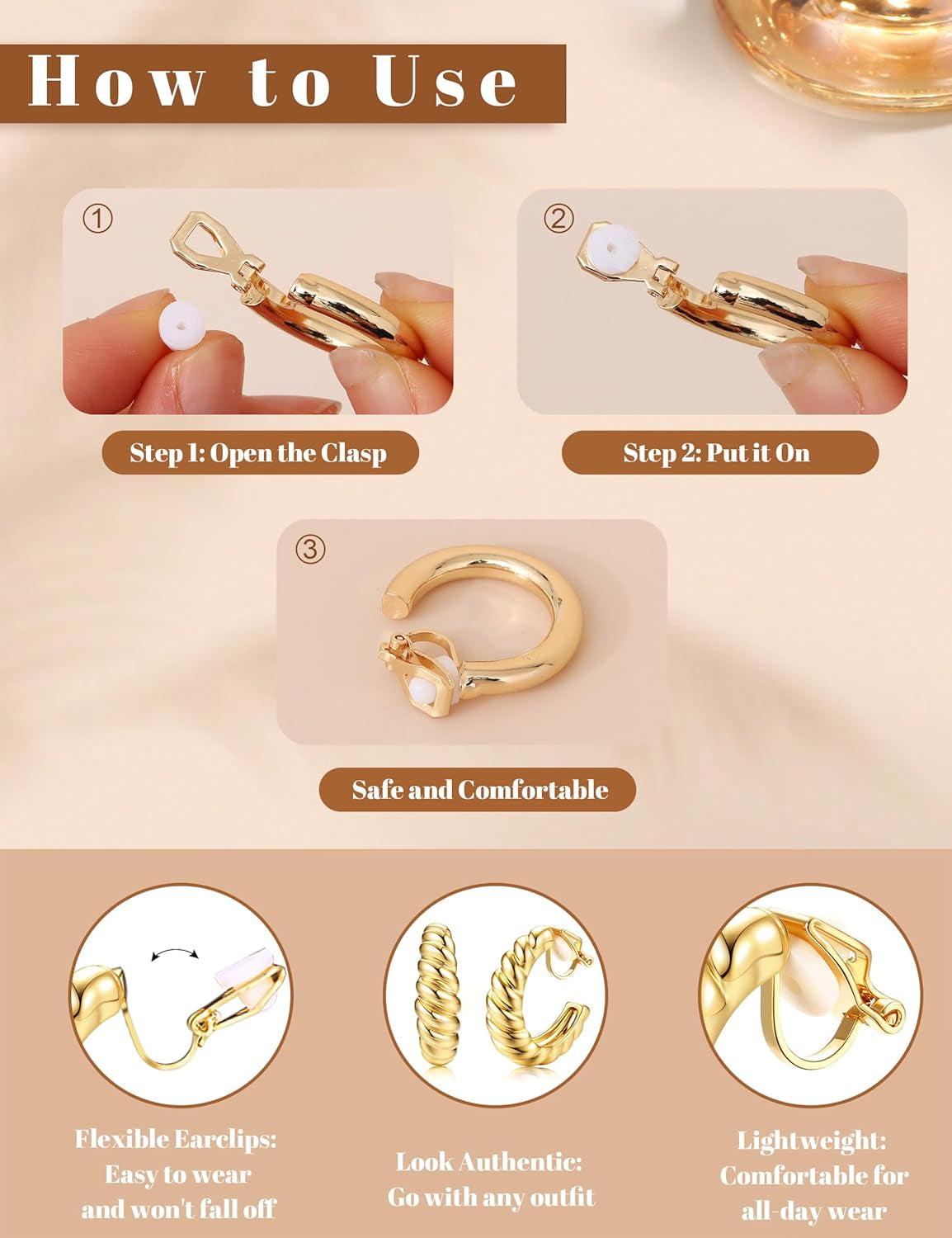 BESTEEL 3Pairs Clip on Earrings for Women Trendy Hypoallergenic 14K Gold Plated Chunky Tube Croissant Waterdrop Clip-On Hoop Earrings Set Fake Jewelry Non Pierced Ears