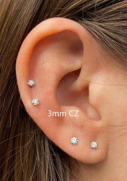 Small CZ Cartilage Earrings,Screw Flat Back Cubic Zirconia Stud Earrings Helix Earrings for Women Men,2Mm CZ 3Mm CZ 4Mm Cz,Silver Color