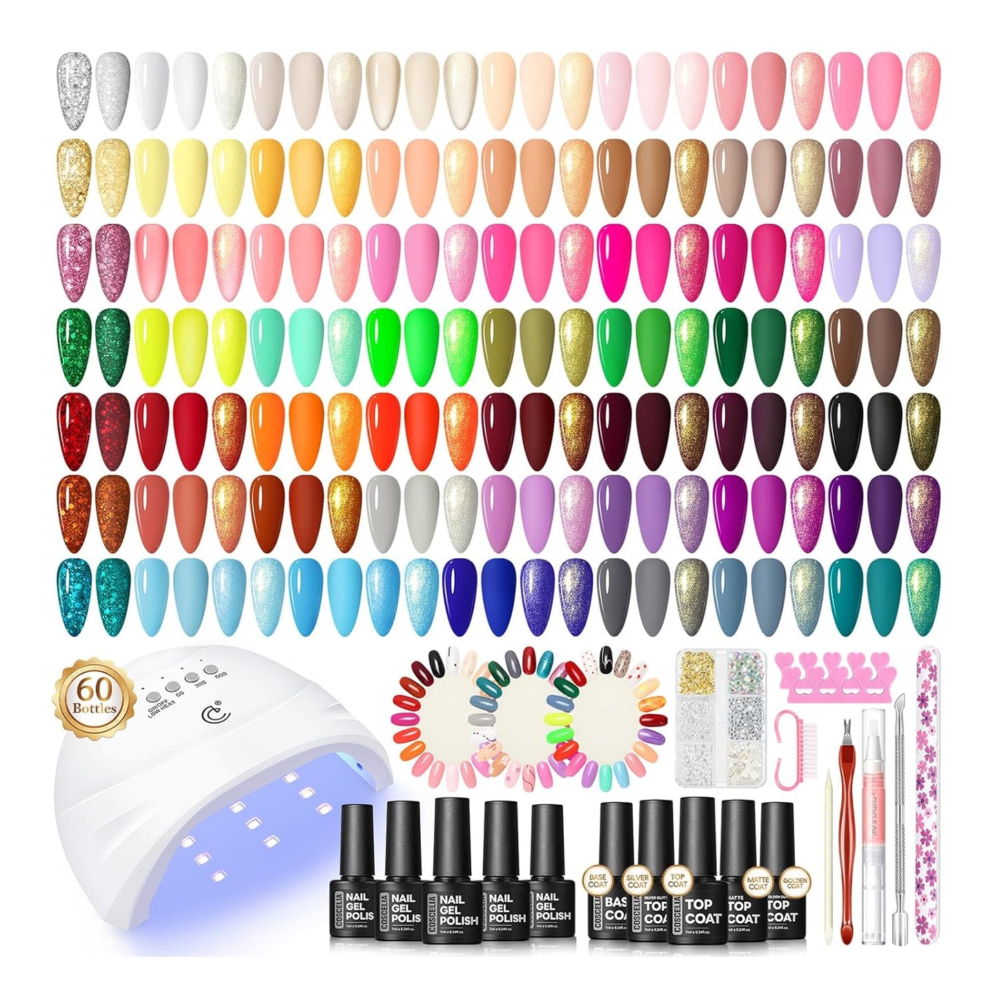 All components of 60-piece gel nail polish starter kit organized