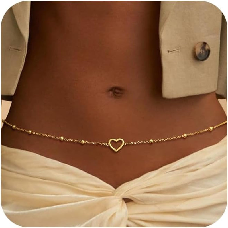 CHESKY Gold Waist Chain, Dainty Body Chain Jewelry for Women Non Tarnish Adjustable Waterproof Belly Chain Sexy Waist Beads for Womens Chain Belt Bow Heart Cross Gold Fall Jewelry for Women