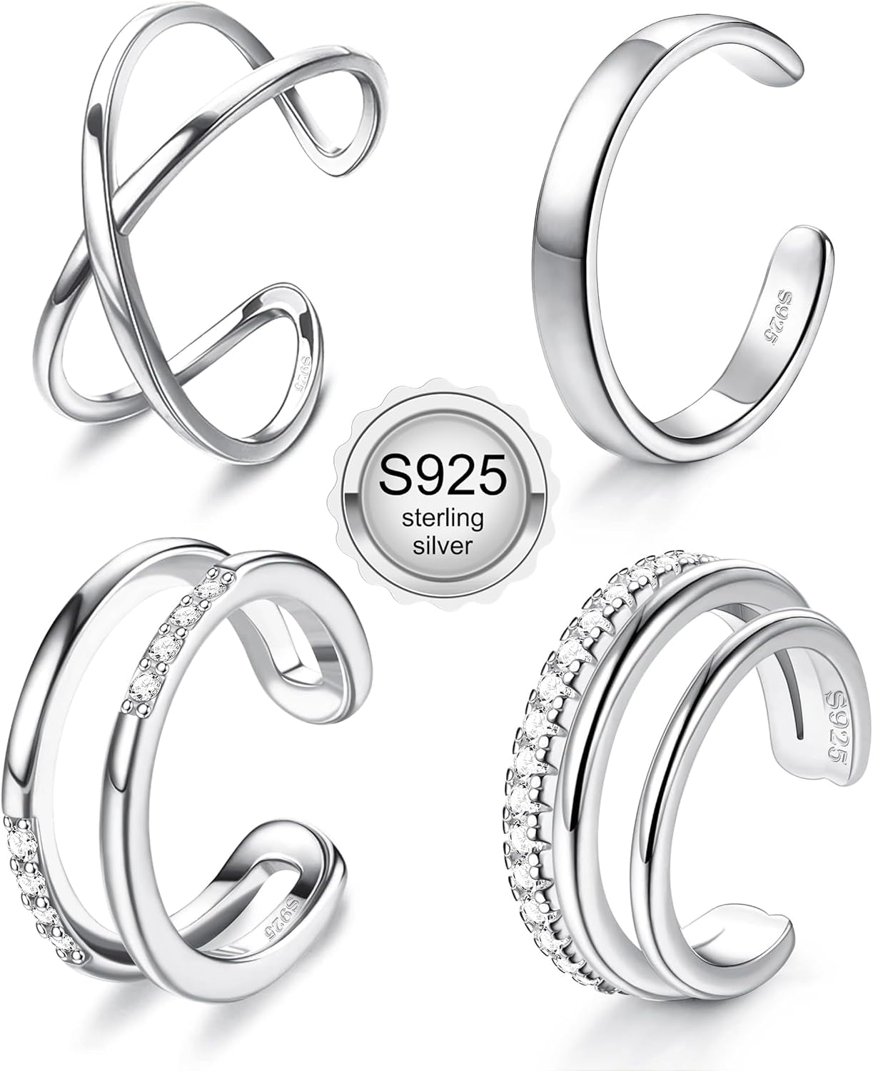 Jerywe 4 Pcs 925 Sterling Silver Ear Cuff for Women Non Piercing Adjustable Ear Cuff Earrings Clip on Cartilage Helix Wrap Ear Jewelry Set