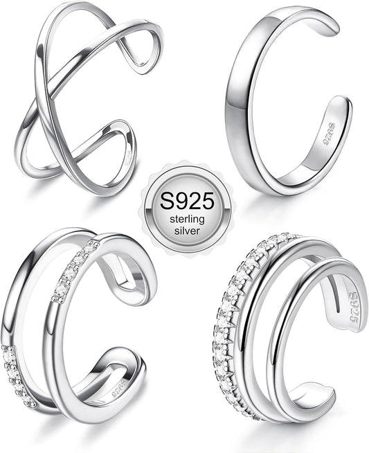 Jerywe 4 Pcs 925 Sterling Silver Ear Cuff for Women Non Piercing Adjustable Ear Cuff Earrings Clip on Cartilage Helix Wrap Ear Jewelry Set
