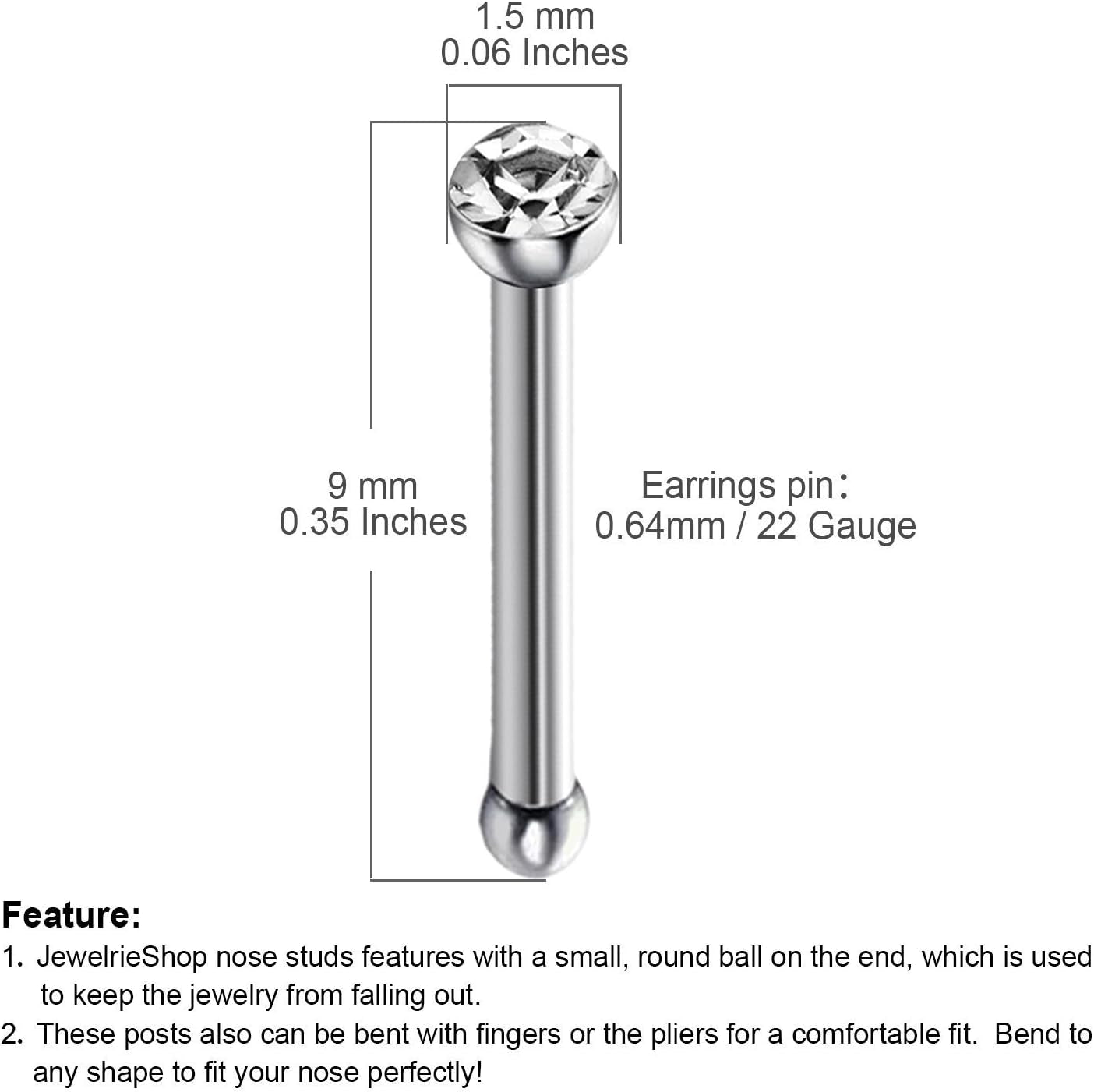 JEWELRIESHOP 40Pcs Nose Studs Stainless Steel CZ Nose Rings Pins Piercing Jewelry Bone Studs for Women Men Hypoallergenic 22G