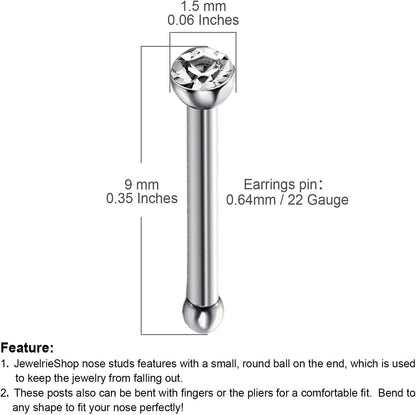 JEWELRIESHOP 40Pcs Nose Studs Stainless Steel CZ Nose Rings Pins Piercing Jewelry Bone Studs for Women Men Hypoallergenic 22G
