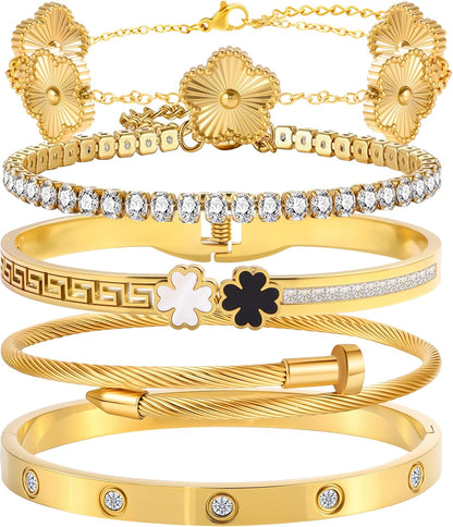 5Pcs Gold Stackable Bracelet Set for Women - Stainless Steel Non-Tarnish Clover Lucky Charm Jewelry, Trendy Gift for Girlfriend/Wife on Christmas Valentine’S Birthday