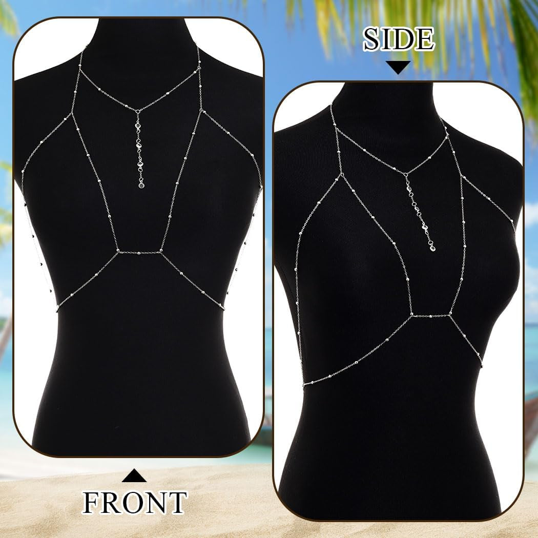 Urieo Sparkly Beads Bra Chain Silver Crystal Chest Chains Rhinestone Layered Sexy Nightclub Beach Rave Body Chain for Women