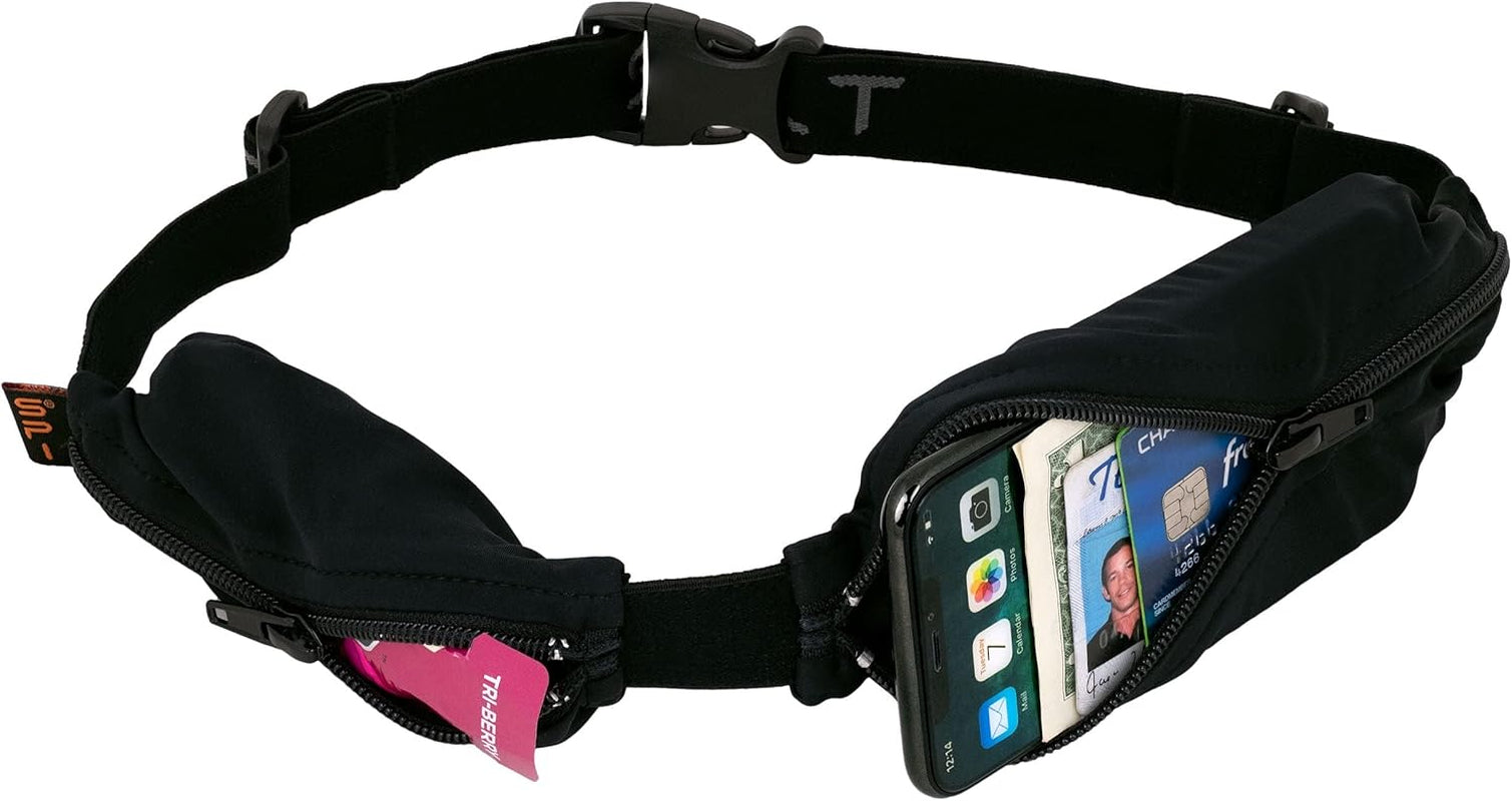 SPIbelt black running belt with double pockets and black zipper