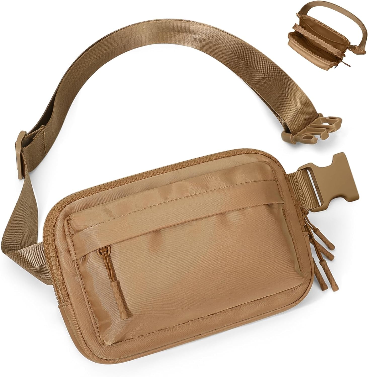 Brown water-resistant fanny pack worn around woman's waist