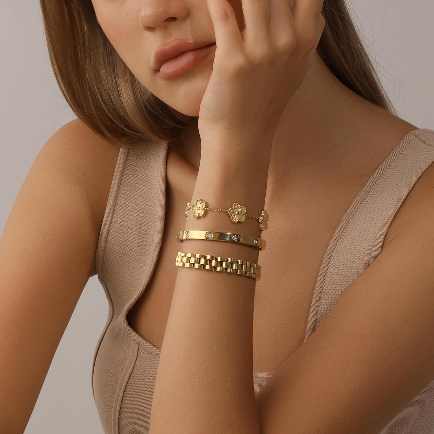 18K Gold Clover Bracelet for Women - Stackable Crystal Love Bangle & Friendship Link Bracelets, Non-Tarnish Stainless Steel Trendy Jewelry Gift with Adjustable Tool