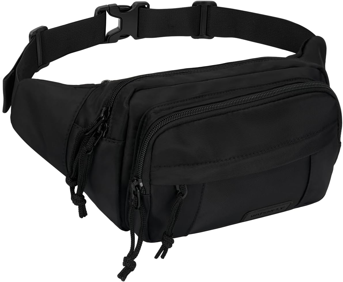 WATERFLY Fanny Pack Waist Packs: Large Crossbody Fanny Packs for Women Men with 5 Zipper Pockets Adjustable Strap Waist Bags Hip Pack for Traveling Cycling Running Hiking-Black