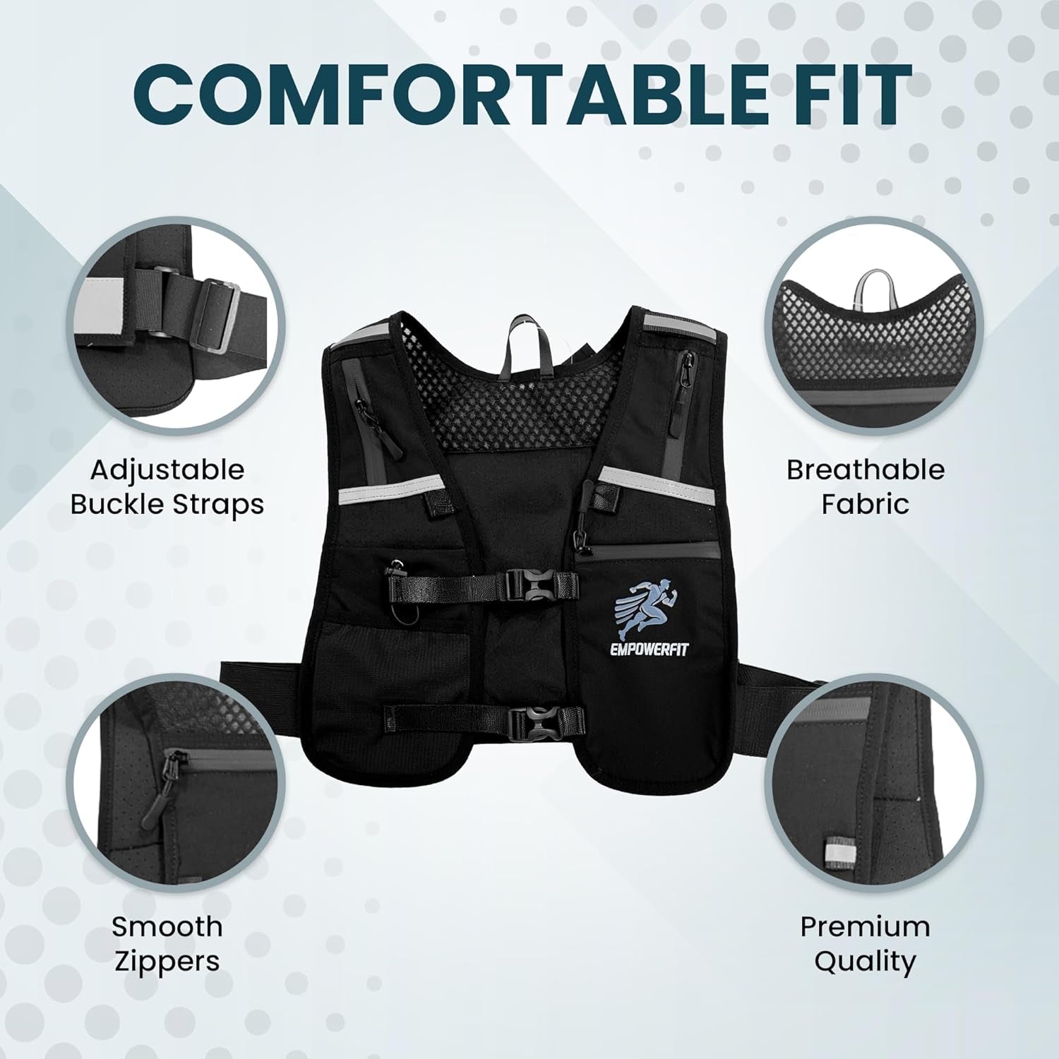 Woman wearing reflective running vest adjustable fit design