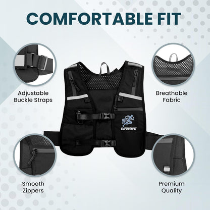 Woman wearing reflective running vest adjustable fit design