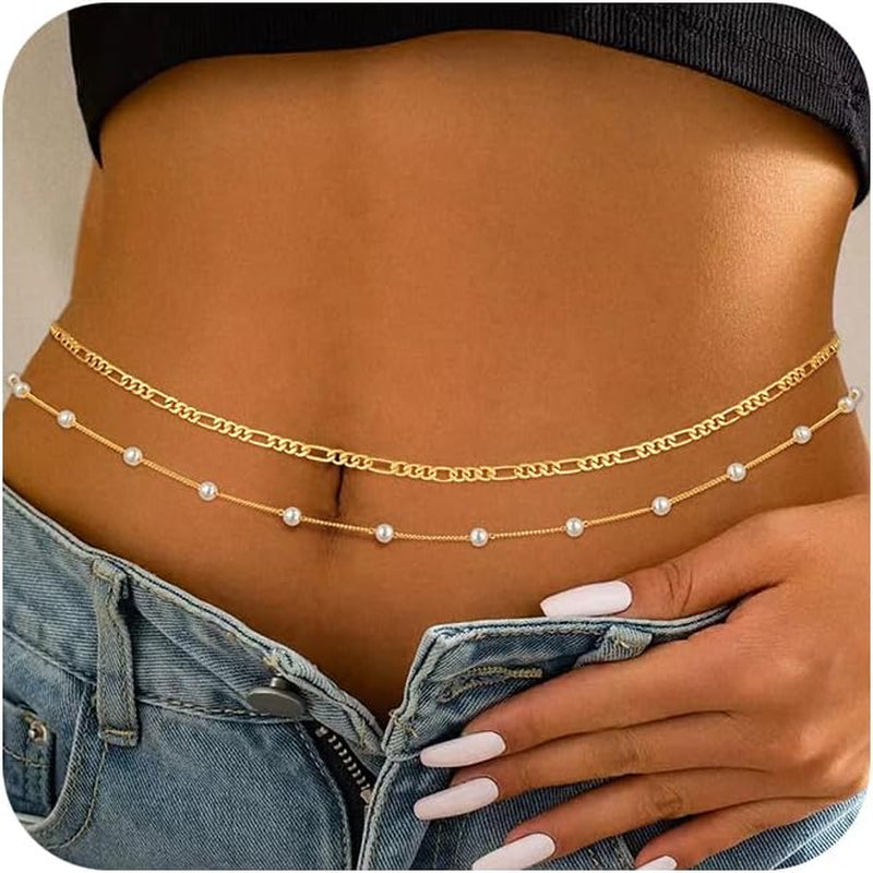 2PCS Gold Silver Waist Chain Adjustable Layered Belly Chain Body Chain Jewelry for Women Sexy Bikini Beach Boho Pearl Beaded Cuban Satellite Waist Chains