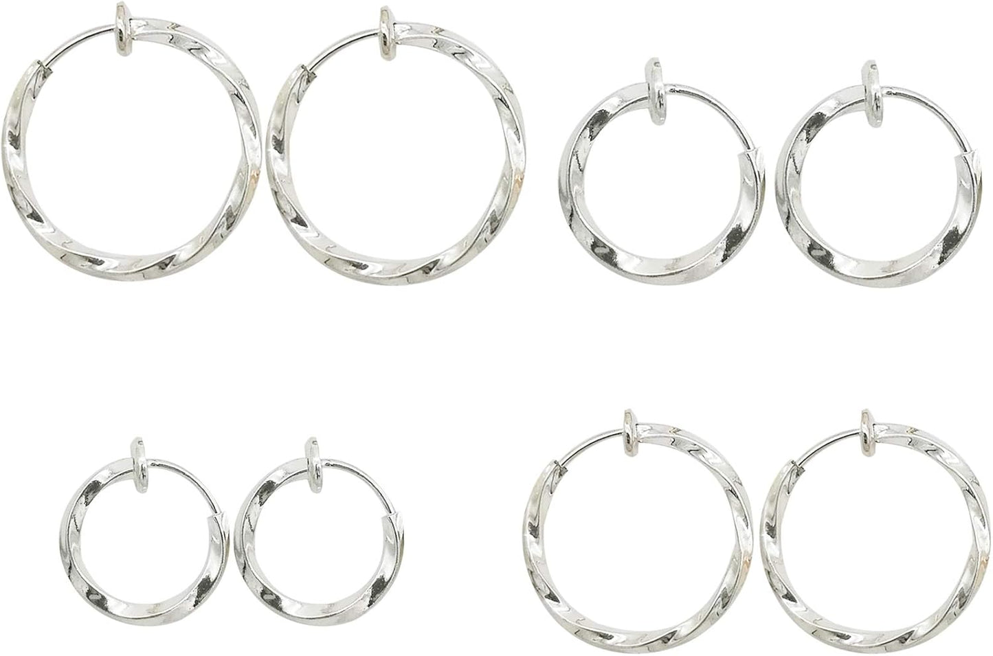 LAXPICOL Twisted Clip on Earrings 4PCS Different Size Gold Silver Grey Rose Gold Tone 0.51IN/0.59IN/0.70IN/0.78IN Stainless Hoop Earrings for Women No Piercing