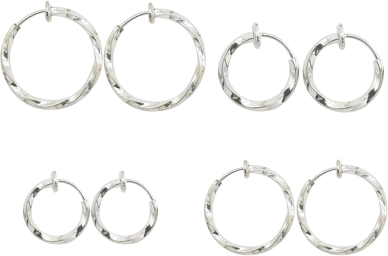LAXPICOL Twisted Clip on Earrings 4PCS Different Size Gold Silver Grey Rose Gold Tone 0.51IN/0.59IN/0.70IN/0.78IN Stainless Hoop Earrings for Women No Piercing