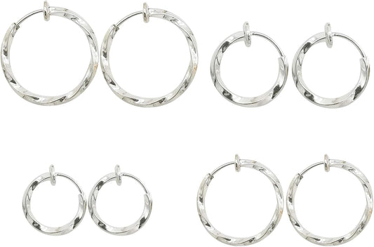 LAXPICOL Twisted Clip on Earrings 4PCS Different Size Gold Silver Grey Rose Gold Tone 0.51IN/0.59IN/0.70IN/0.78IN Stainless Hoop Earrings for Women No Piercing