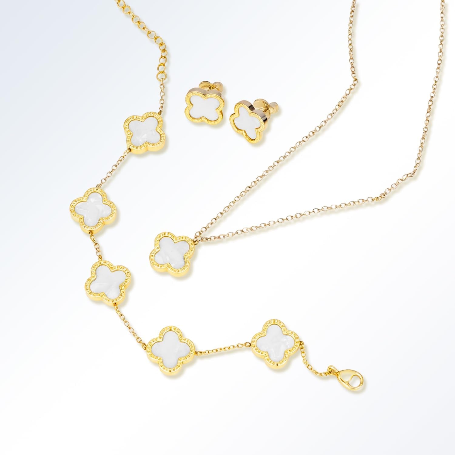 18K Gold Four Leaf Bracelets for Women, Necklace Pendant, Earrings,White Link Bracelet Exquisite Clover Jewelry Sets for Women Gift Christmas