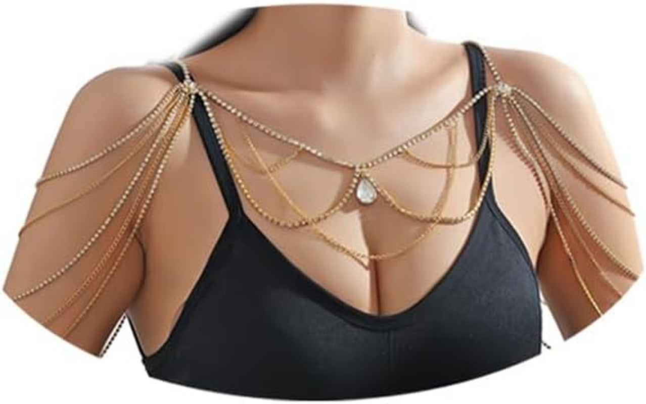 Multilayer Waterdrop Pendant Rhinestone Shoulder Chain Jewelry Bridal Wedding Backdrop Chain Crystal Tassel Shoulder Chain Necklace Rave Shoulder Arm Body Chain Jewelry for Women (Gold)