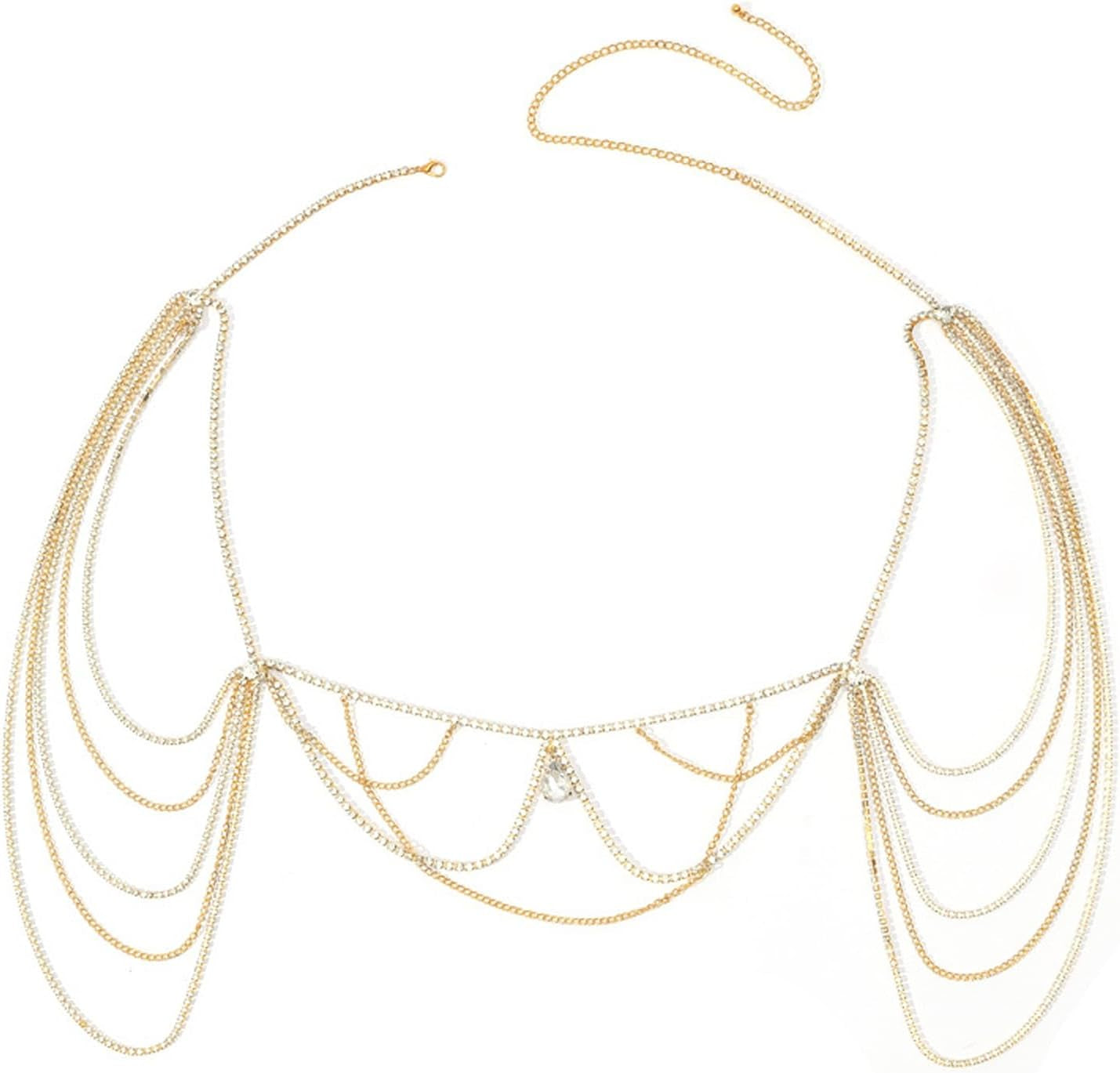 Multilayer Waterdrop Pendant Rhinestone Shoulder Chain Jewelry Bridal Wedding Backdrop Chain Crystal Tassel Shoulder Chain Necklace Rave Shoulder Arm Body Chain Jewelry for Women (Gold)