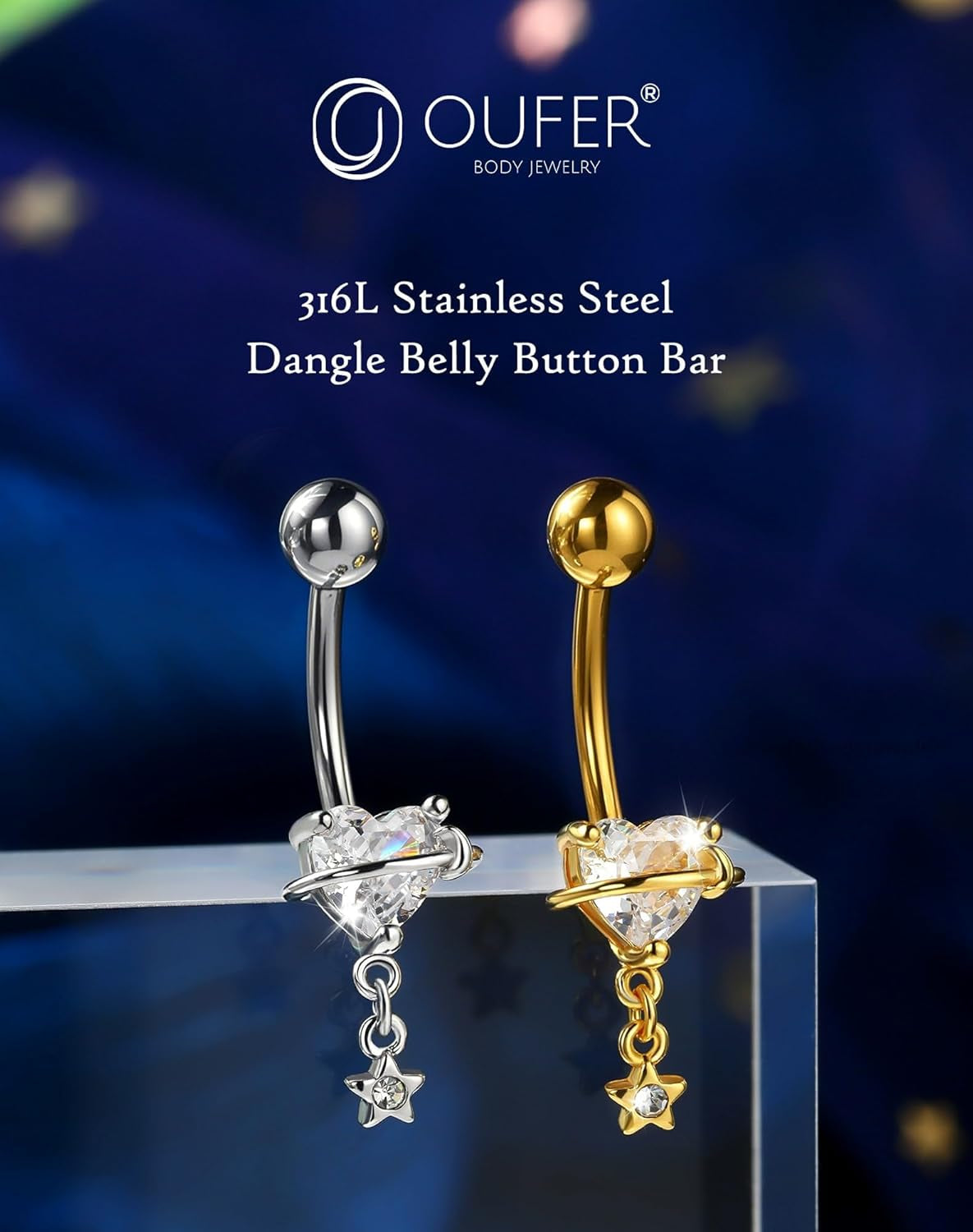 OUFER Dangle Belly Button Rings, 316L Surgical Steel Belly Rings for Women, 14G Heart Navel Piercing Jewelry, Star Dangling Clear CZ Curved Barbells Silver/Gold 10MM
