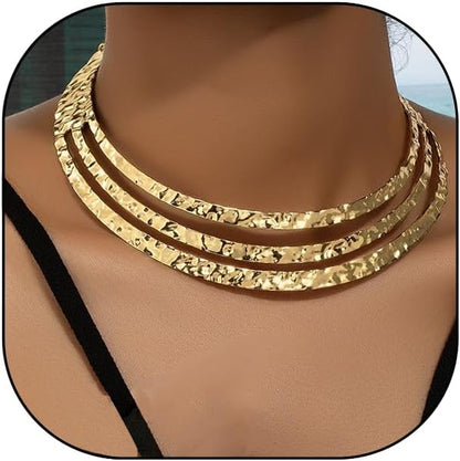 Hewill Chunky Gold Necklace Big Statement Chunky Necklace for Women African Tribe Wide Metal Choker Necklaces Jewelry