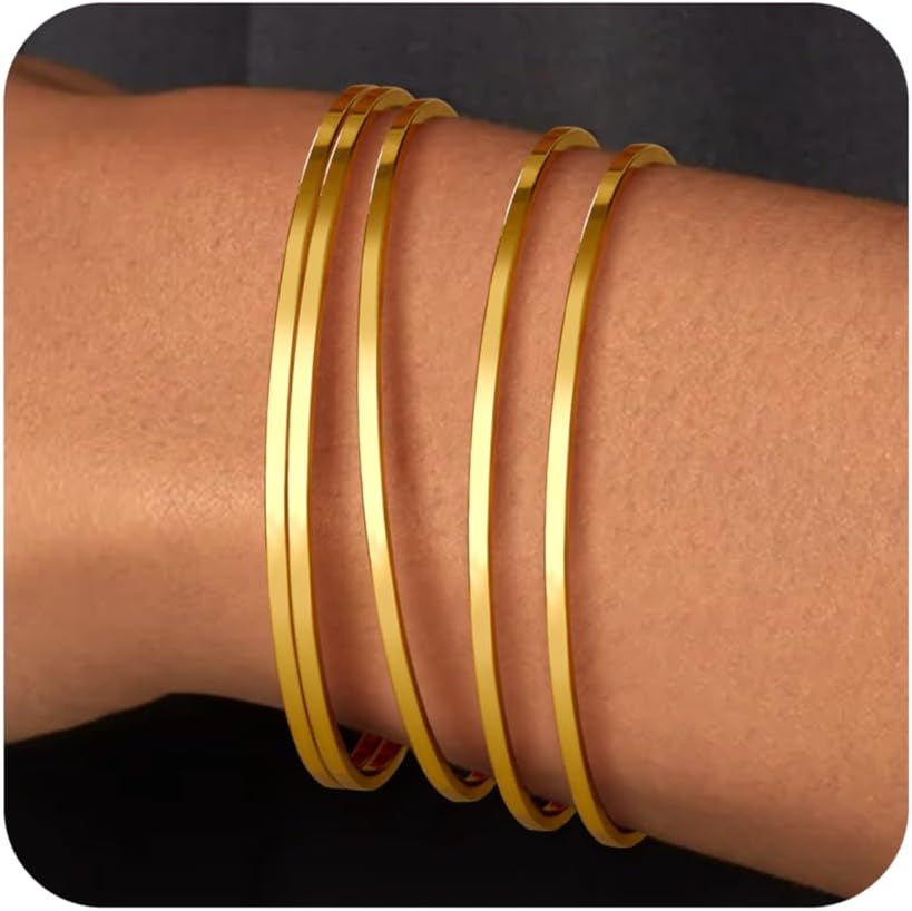 Gold Bangle Bracelet for Women 14K Gold Plated Bracelet Stainless Steel Glossy Stackable Thin round Bangles Bracelets for Women Oval Solid Plain Polished Bracelets Best Jewelry Gifts for Love