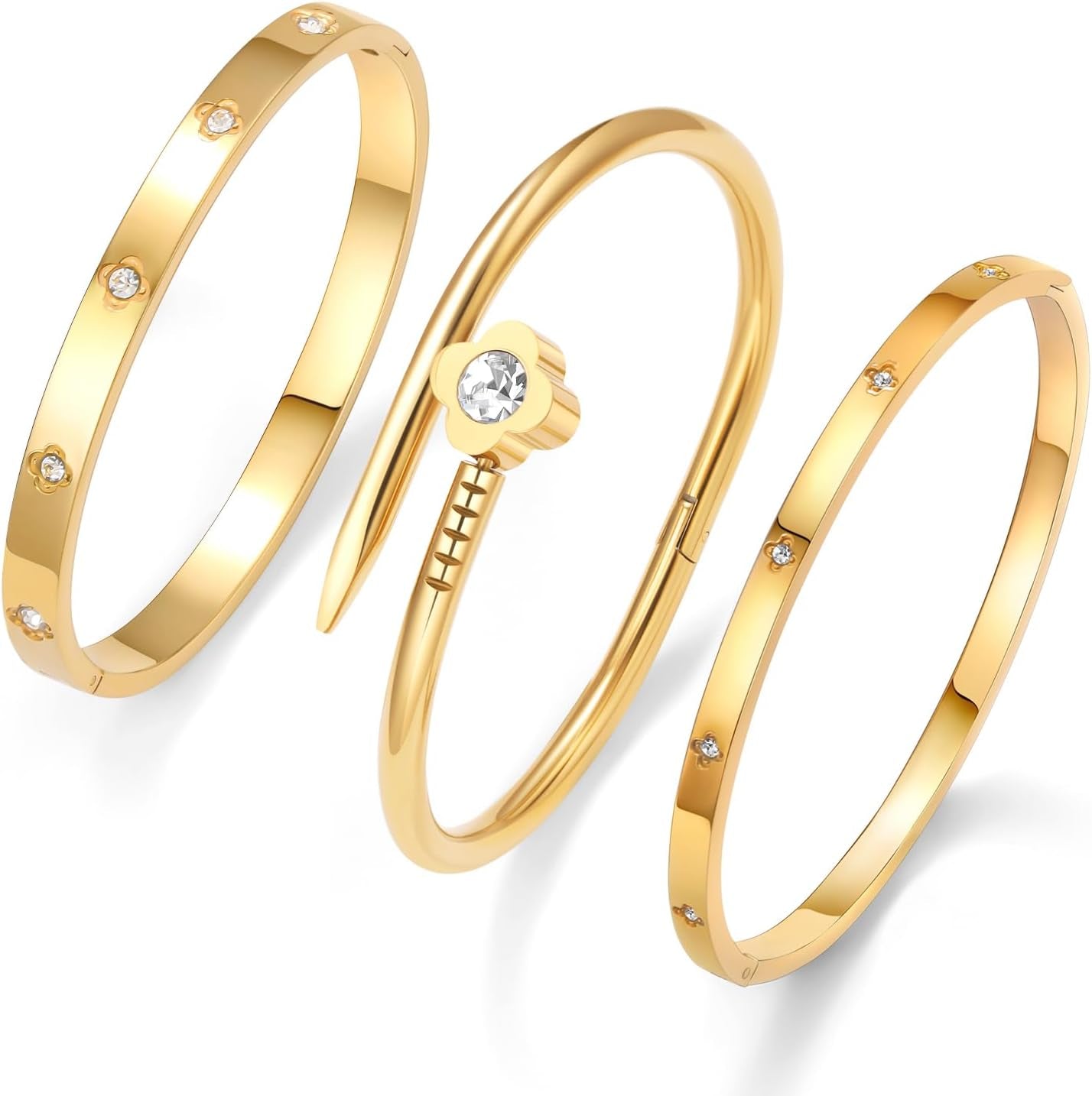 3Pcs Gold Bracelets for Women Stainless Steel Bangle Bracelet Set for Women Gold Love Bangle Non Tarnish Jewelry with Sparkling Crystal Inlay for Love Gifts