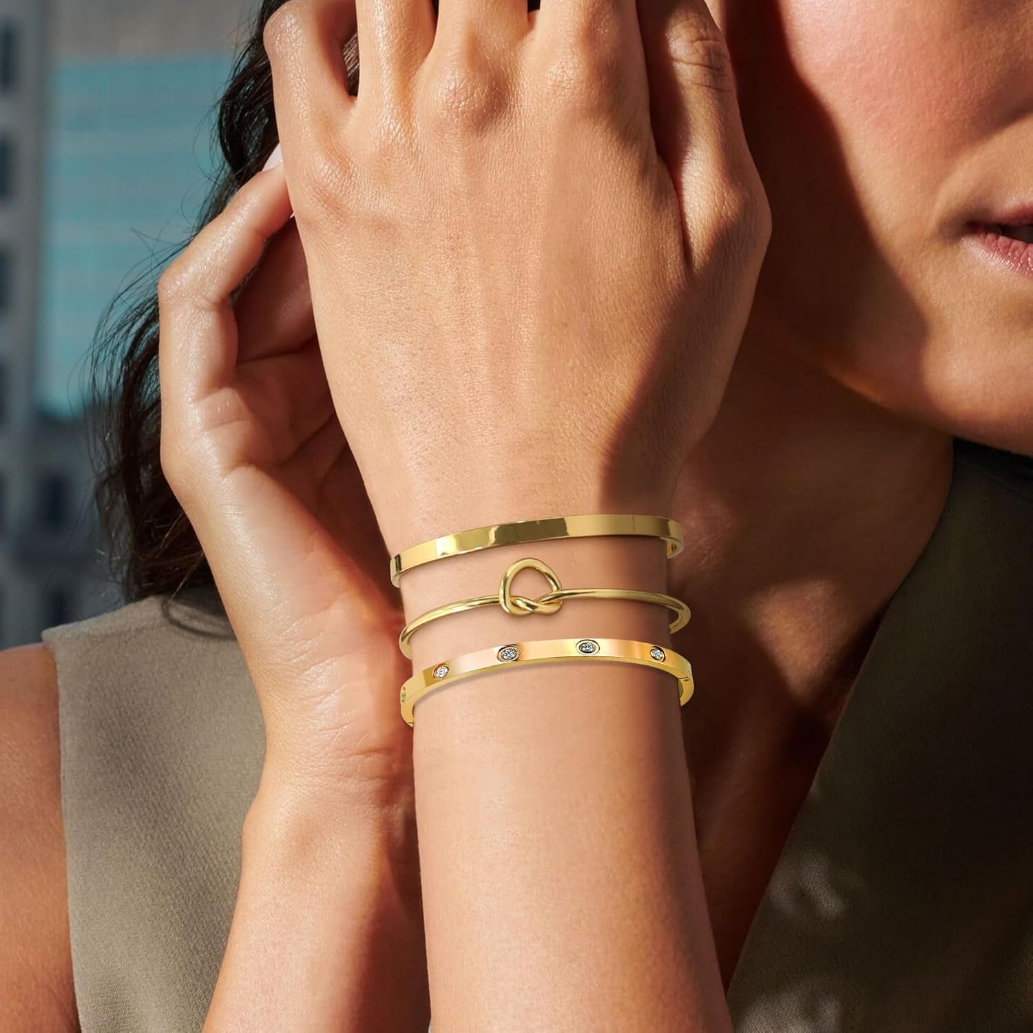 YOUNGGRACE Christmas Stocking Stuffers Gold Bangle Cuff Bracelet for Women Stack Non Tarnish Gold Plated Dainty Cubic Zirconia Tennis Bracelets Jewelry Set for Women Trendy