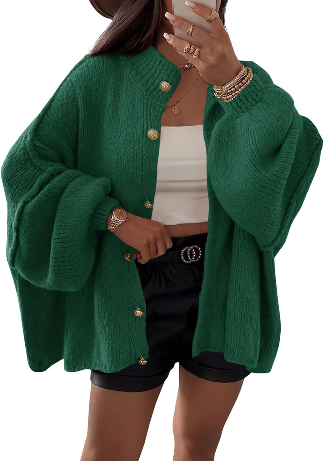 Saodimallsu Womens Oversized Cardigans Long Lantern Sleeve Button down Chunky Knit Loose Fall Sweater Coats