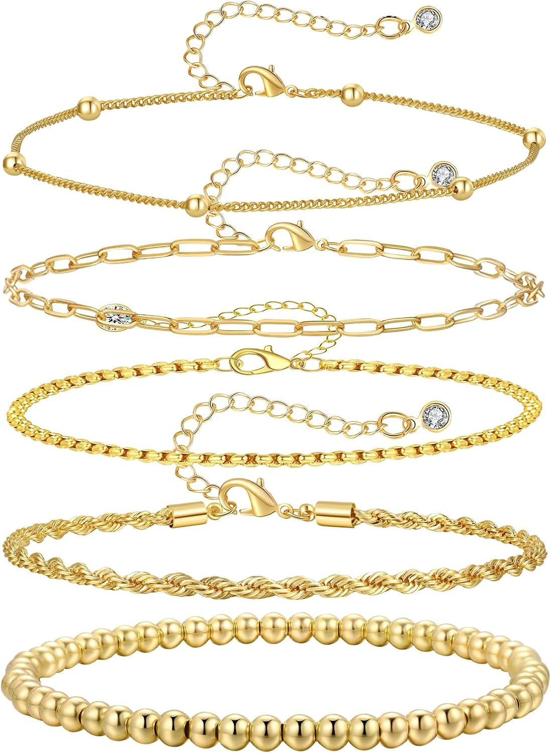 5Pcs Gold Bracelets for Women Trendy,Dainty 14K Real Gold Plated Jewelry Sets for Women,Waterproof,Thin Small Cute Chain Bracelets,Fashion Accessories Jewelry Gifts for Women Adjustable 7"+2"