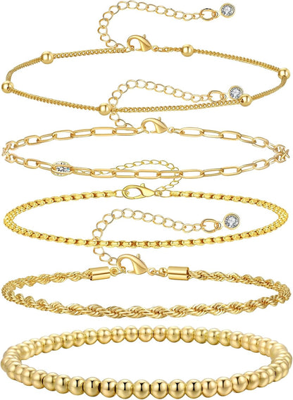 5Pcs Gold Bracelets for Women Trendy,Dainty 14K Real Gold Plated Jewelry Sets for Women,Waterproof,Thin Small Cute Chain Bracelets,Fashion Accessories Jewelry Gifts for Women Adjustable 7"+2"