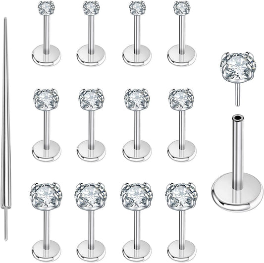 Punktracker 13Pcs 20G/18G/16G Flat Back Earrings Stud 316L Surgical Stainless Steel Threadless Push in Nose Stud Tragus Helix Lip Medusa Piercing Jewelry