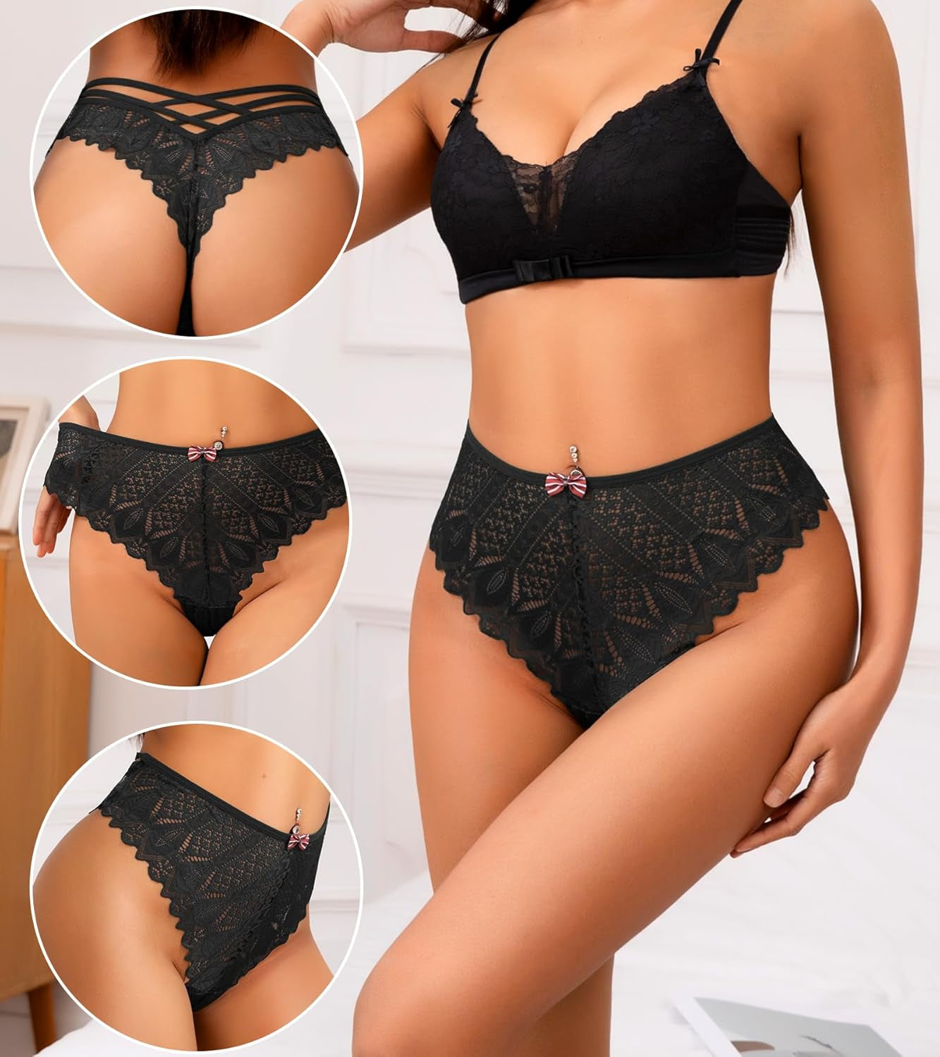 Model wearing J-Pone high waisted lace thong underwear