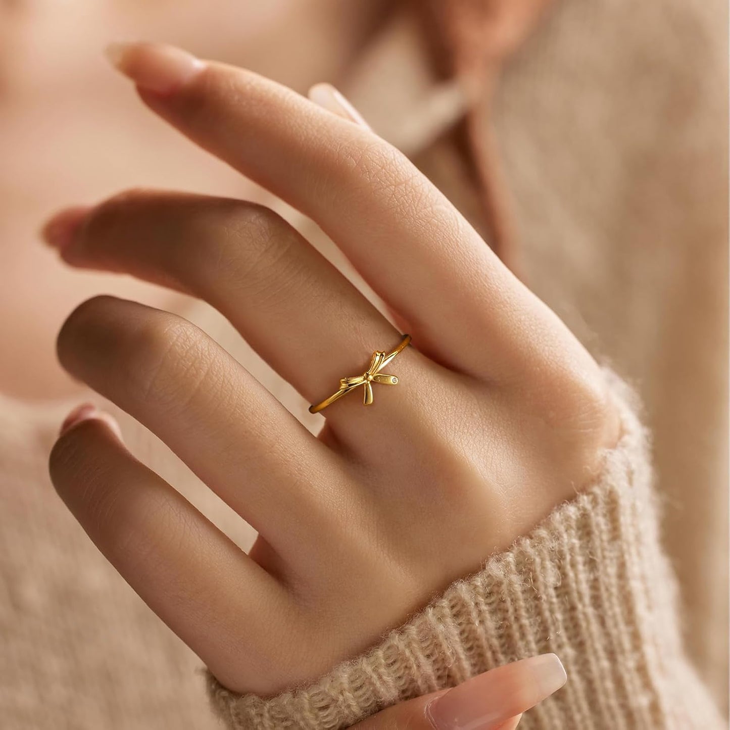 Bow Rings for Women Mother Daughter Friendship Knot Ring 925 Sterling Silver Dainty 14K Gold Plated Promise Rings for Her Birthday Graduation Gifts