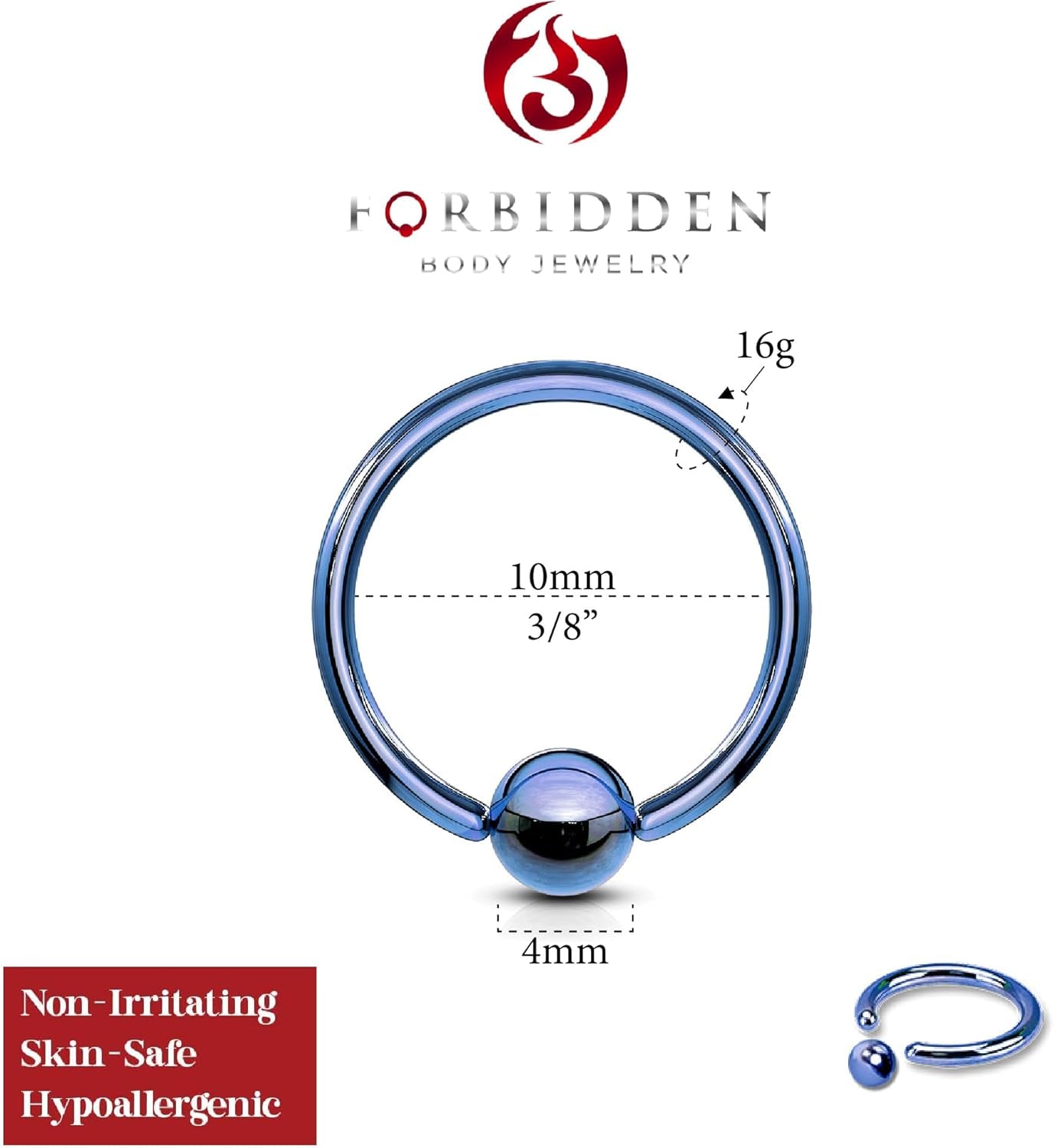 Forbidden Body Jewelry 16G 3/8 Inch Surgical Steel Blue IP Plated Captive Bead Hoop Ring