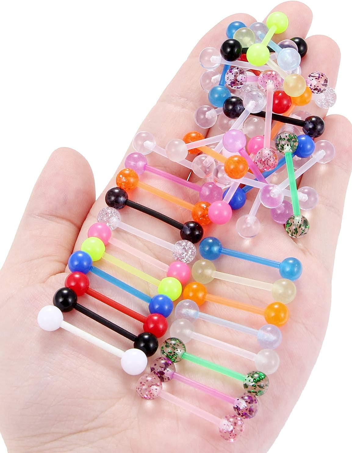Prjndjw 48Pcs 14G 16Mm 14MM Glow in Dark Tongue Nipple Ring Plastic Flexible Acrylic Straight Barbell Body Piercing Jewelry for Women Men Tongue Nippie Piercings
