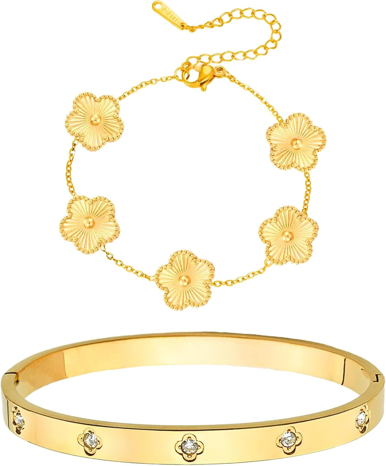 Double Lucky Bracelet 18K Gold Plated Stackable Gold Bracelets for Women Clover Bracelet Love Bangle Set Bracelets Jewelry Gifts Trendy for Women