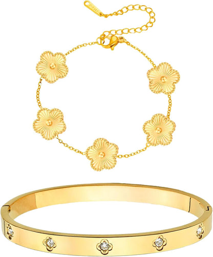 Double Lucky Bracelet 18K Gold Plated Stackable Gold Bracelets for Women Clover Bracelet Love Bangle Set Bracelets Jewelry Gifts Trendy for Women