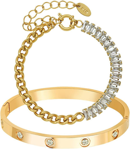 18K gold plated love bangle bracelet with stone accent on womens wrist