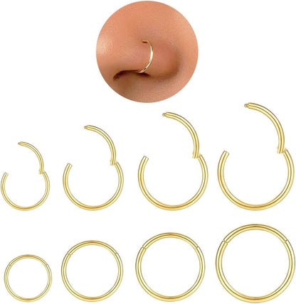 Hypoallergenic Nose Rings Hoops Set for Women Men: 8Pcs 18G Gold/Silver 316L Surgical Stainless Steel Nose Hoops Hinged Clicker Septum Rings for Nose Cartilage Body Piercing Jewelry 6Mm 8Mm 10Mm 12Mm