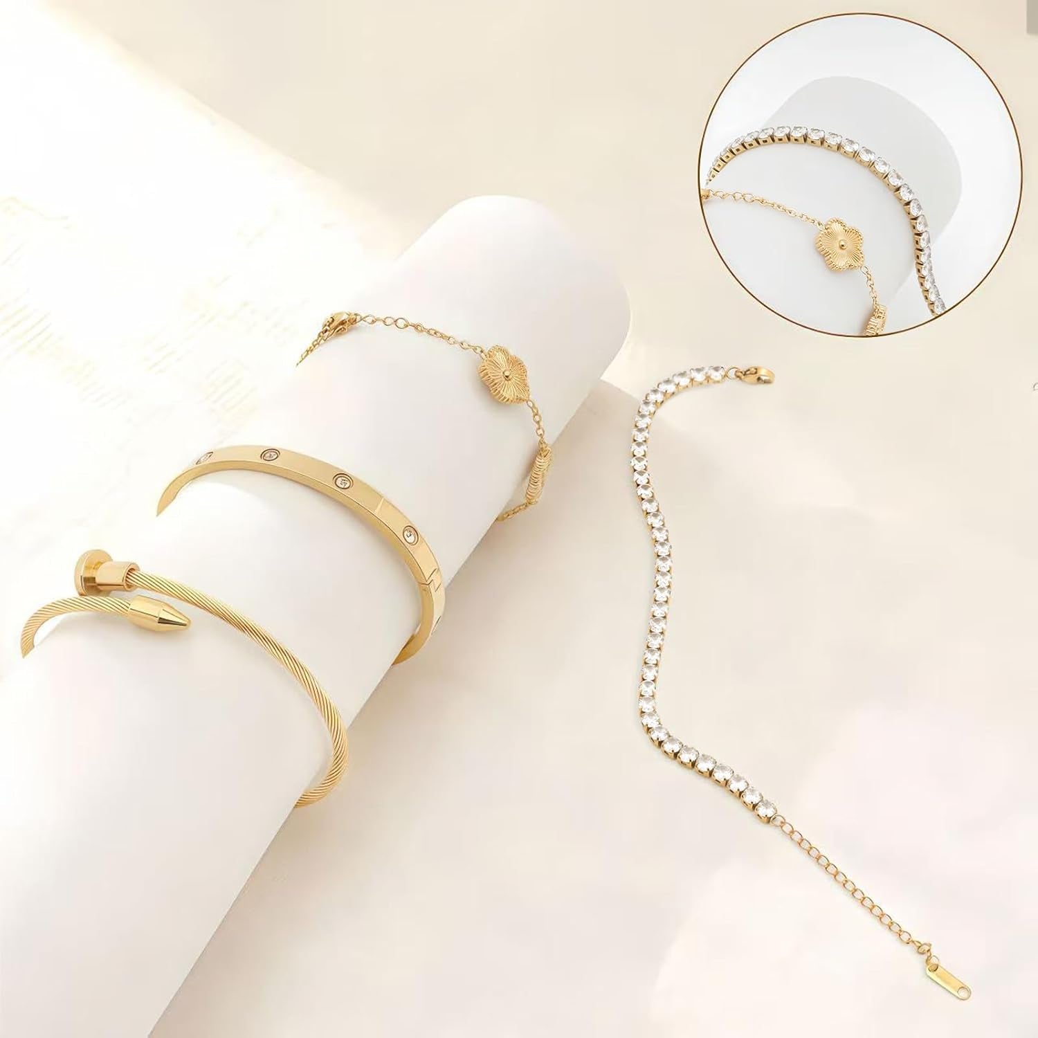 4PCS Women'S Stackable Floral Bracelets Set, 18K Gold Plated Clover & Tennis & Nail & Love Bangle Bracelets,Adjustable Trendy Jewelry, Gifts for Mother'S Day, Birthday Gifts for Girlfriend