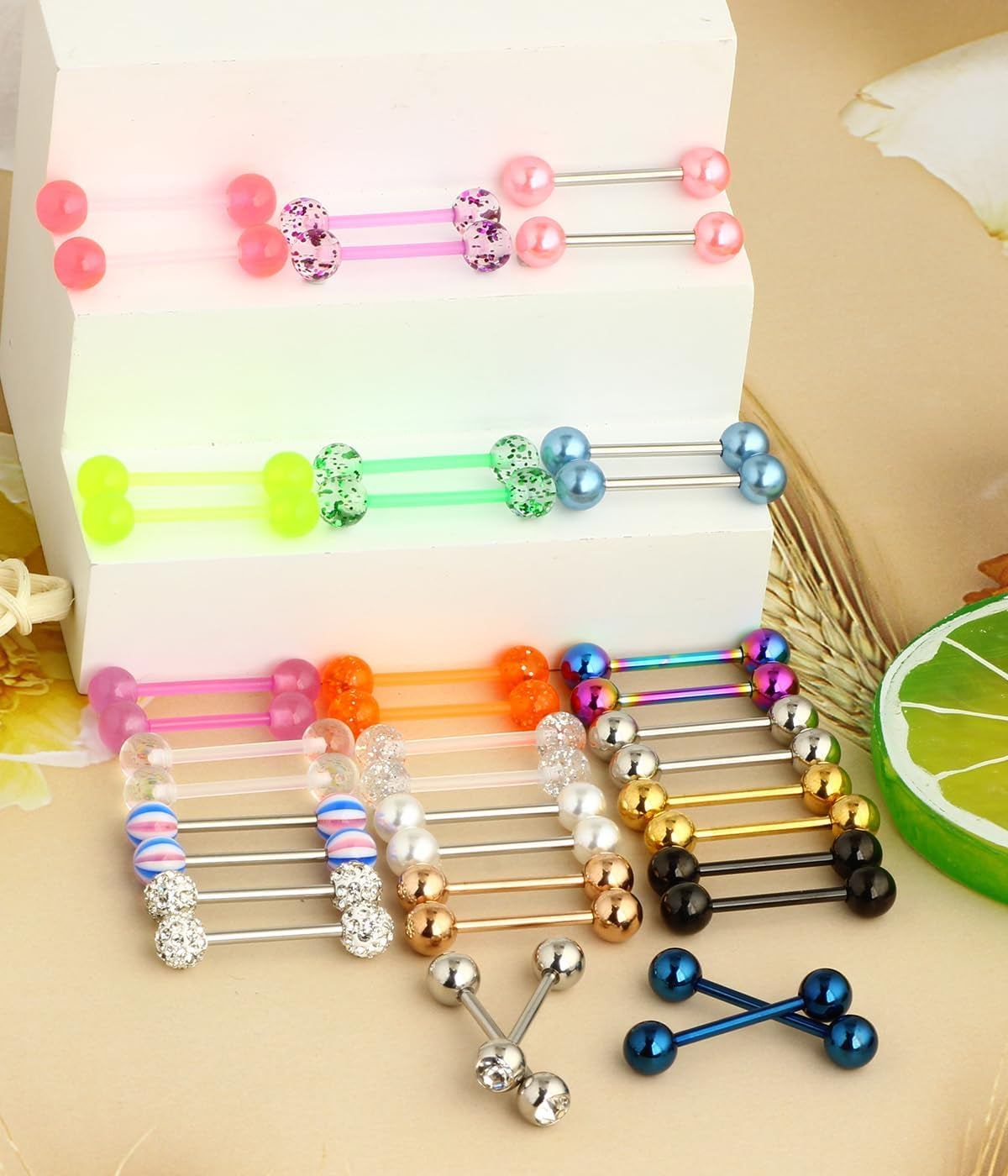 Suotarn 40Pcs 14G Tongue Rings for Women Stainless Steel Straight Tongue Barbell UV Acrylic Plastic Tongue Piercing Jewelry Nipple Piercings 5/8" Glow in Dark Flexible Retainer Body Jewelry for Men