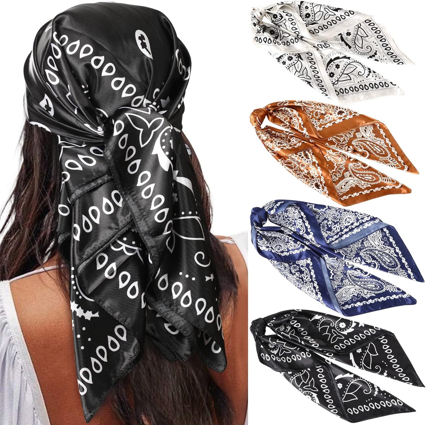 AWAYTR 35” Satin Large Square Head Scarves - 4PCS Silk like Neck Scarf Hair Sleeping Wraps Satin Silk Scarfs for Women