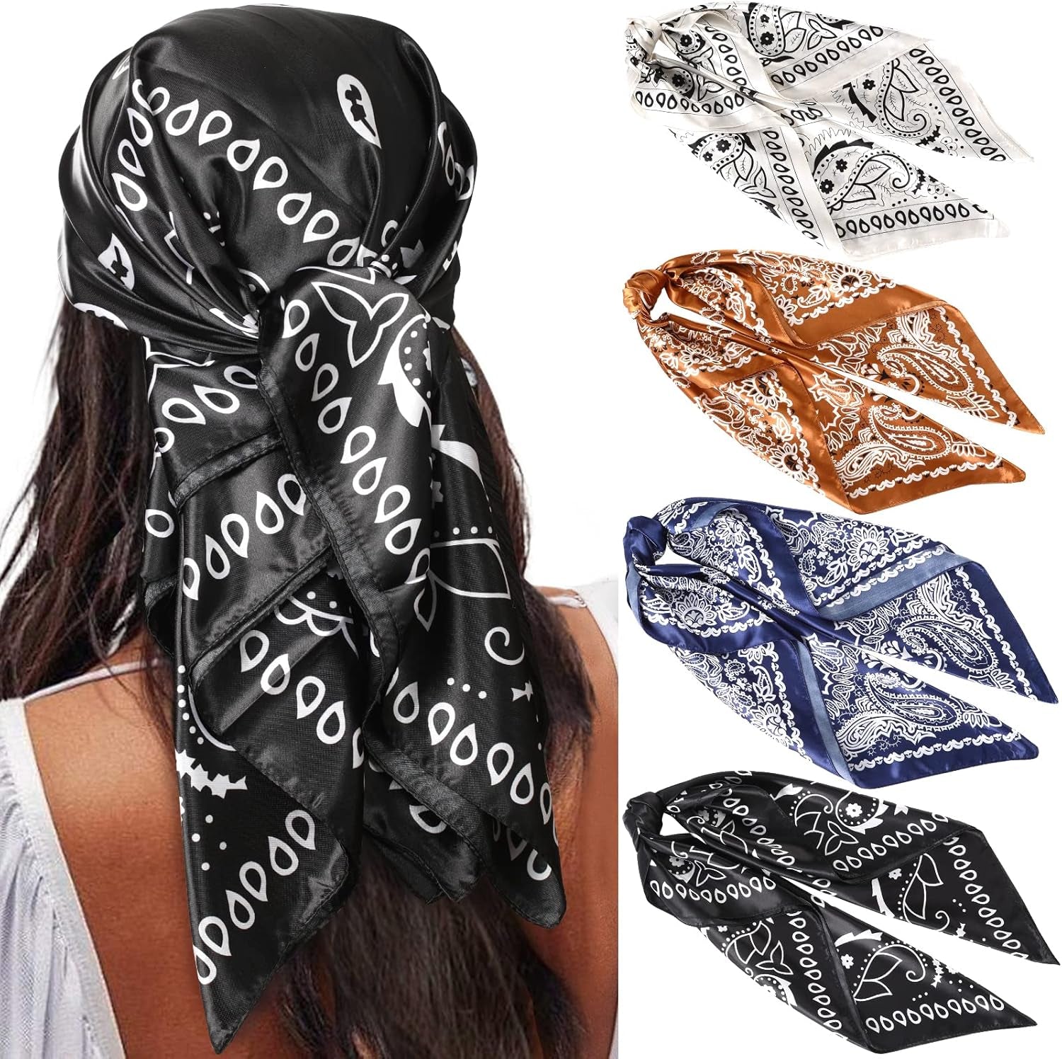 AWAYTR 35” Satin Large Square Head Scarves - 4PCS Silk like Neck Scarf Hair Sleeping Wraps Satin Silk Scarfs for Women
