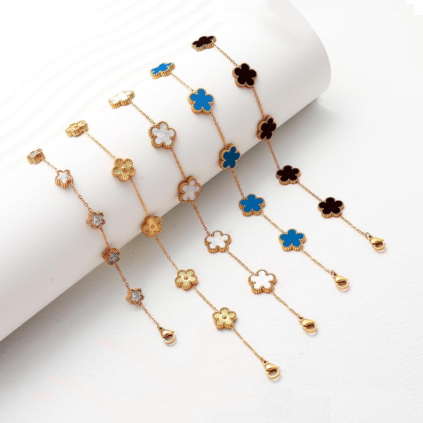 Five Leaf Clover Bracelet for Women-18K Gold Plated Lucky Link Grass Bracelets Stainless Steel White/Black/Blue/Gold/Crystal Flower Trendy Jewelry Gifts (Gold+Red)