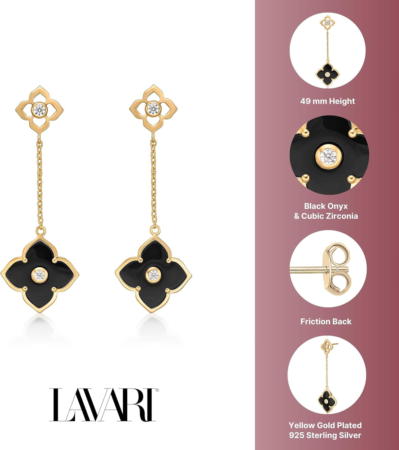 Black Onyx Flower Dangle Drop Earrings for Women in 925 Sterling Silver with Yellow Gold Plating Friction Back by Lavari Jewelers