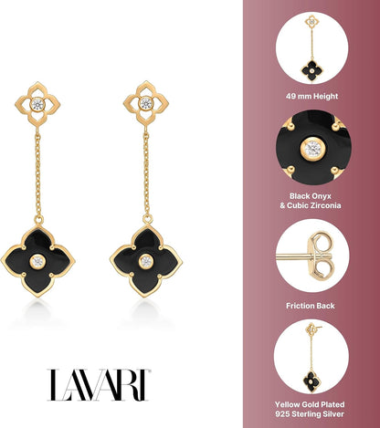 Black Onyx Flower Dangle Drop Earrings for Women in 925 Sterling Silver with Yellow Gold Plating Friction Back by Lavari Jewelers