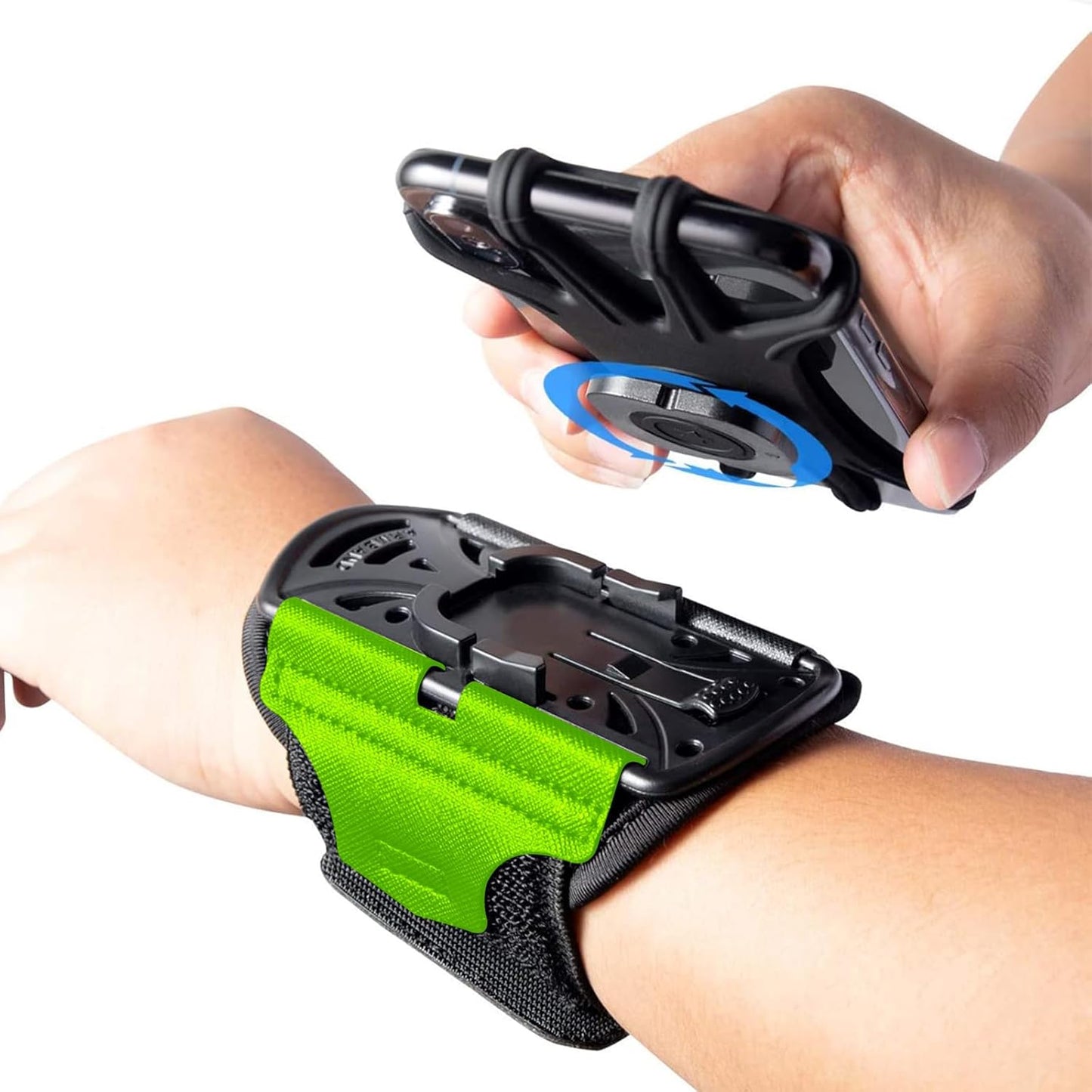 Green wristband running phone holder with 360-degree rotation mechanism