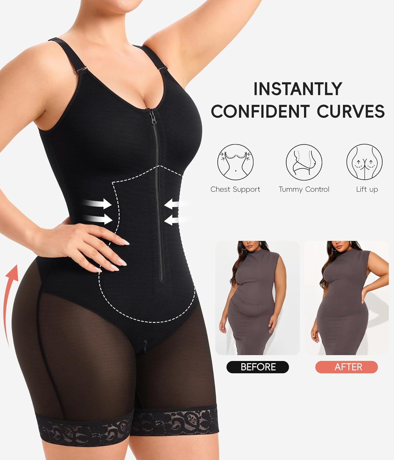 Waist trainer shaper worn under dress showing invisible smoothing